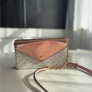 Michael Kors Gold and Cream Clutch with Monogram Design